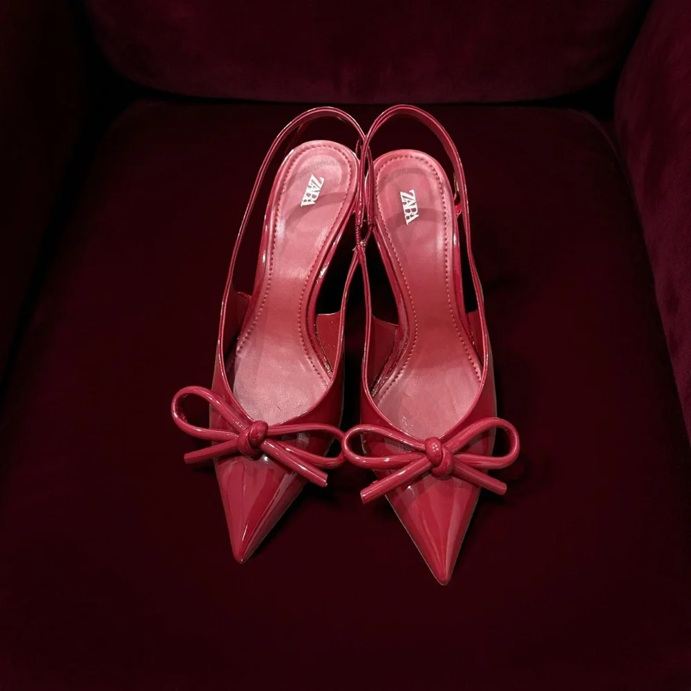 ZARA Red Patent Slingback Heels with Bow Detail – Size 7 - Picture 2 of 6